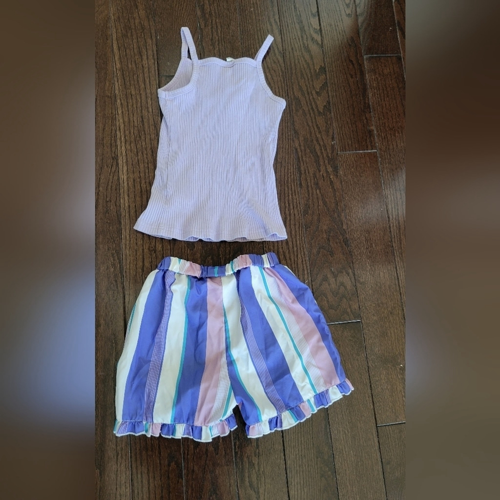 Colorful Girls Top and Purple/Blue Stripped Shorts Set 7 years - Picture 3 of 4
